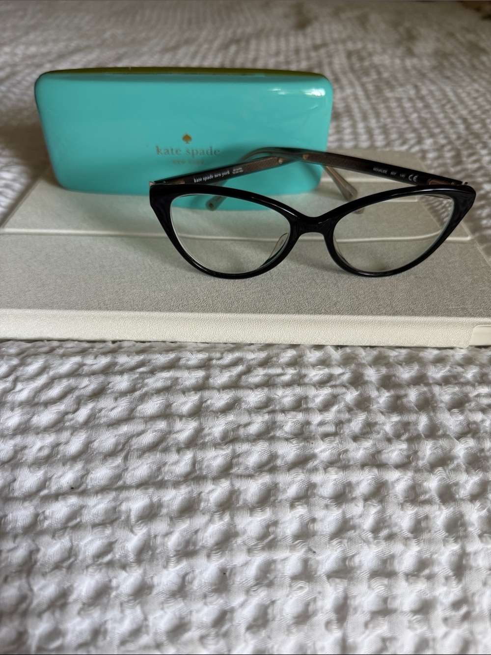 kate spade Black Cat-Eye Optical Glasses with Teal Case